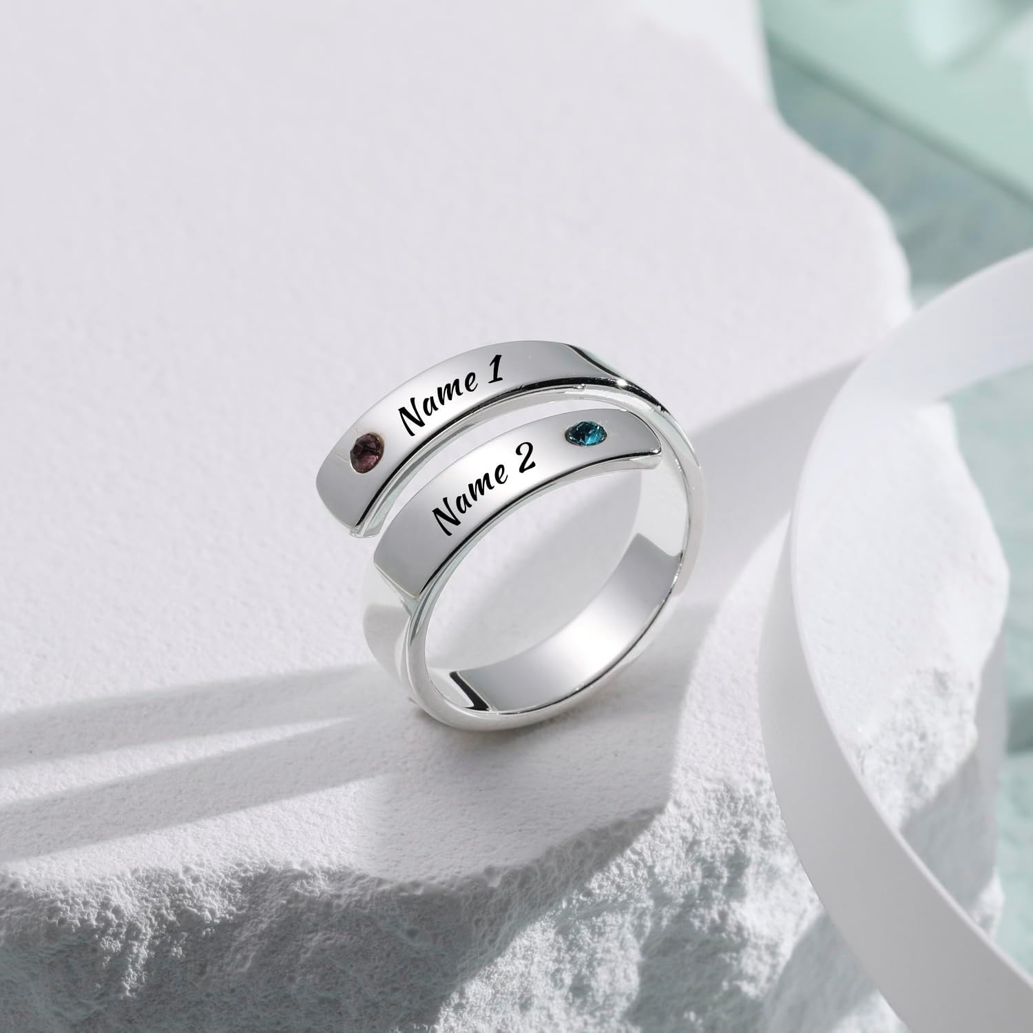 INBLUE Personalized 925 Sterling Silver Spiral Twist Ring for Women Customized Engraving Name/Date with Birthstones Adjustable Open Wrap Band Promise Ring Gift for Wedding Engagement Text & Birthstones