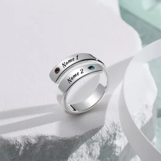 INBLUE Personalized 925 Sterling Silver Spiral Twist Ring for Women Customized Engraving Name/Date with Birthstones Adjustable Open Wrap Band Promise Ring Gift for Wedding Engagement Text & Birthstones