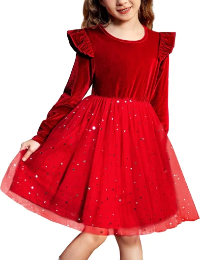Toddler Tutu Dresses Little Girls Velvet Tulle Fall Winter Long Sleeve Ruffle Holiday Party Dress 2-6Y 7 Years Red