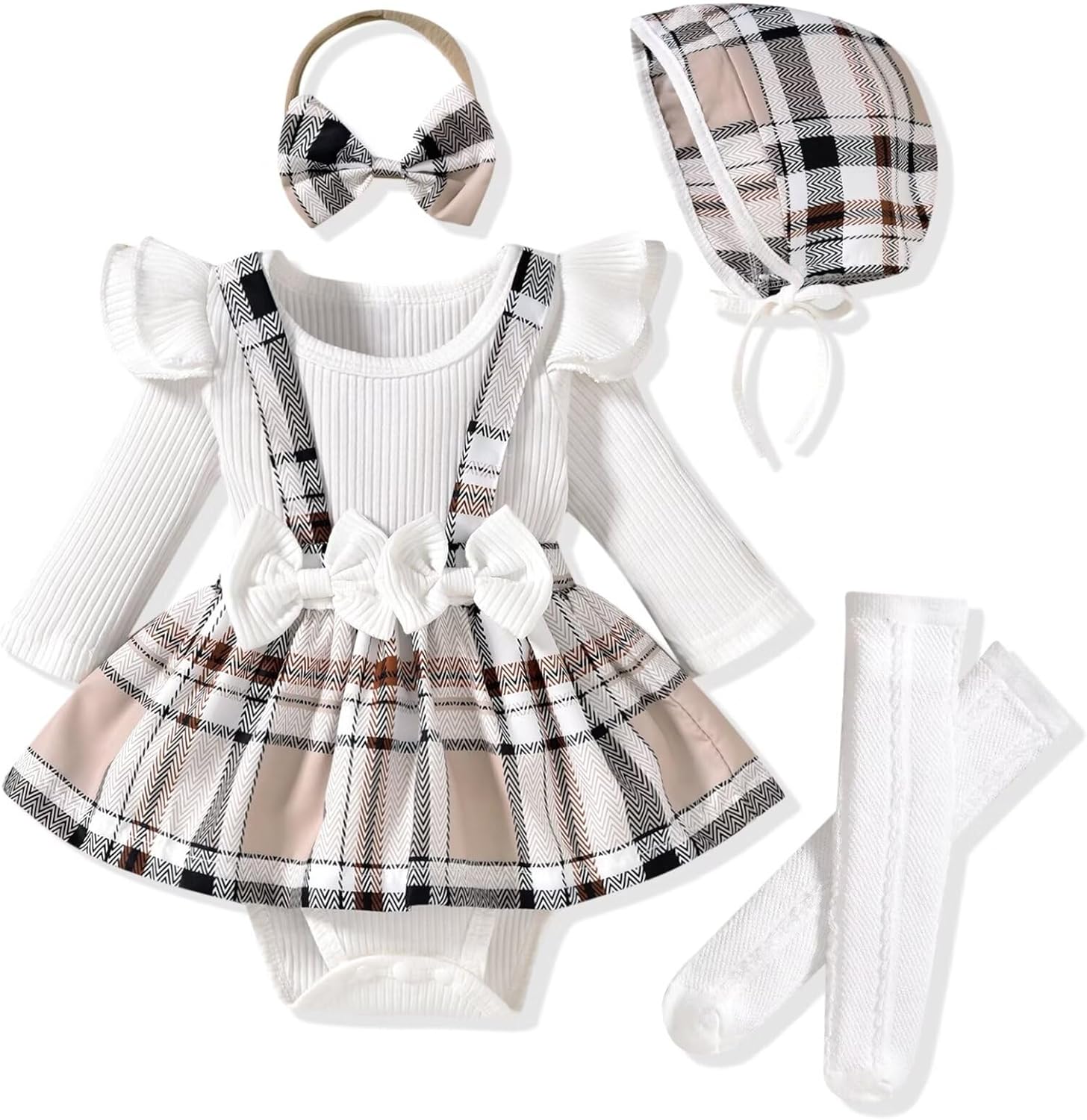 Preemie Newborn Baby Girl Clothes Romper Suspender Dress Fall Winter Outfits Ruffle Long Sleeve Jumpsuit Beige Plaid Newborn