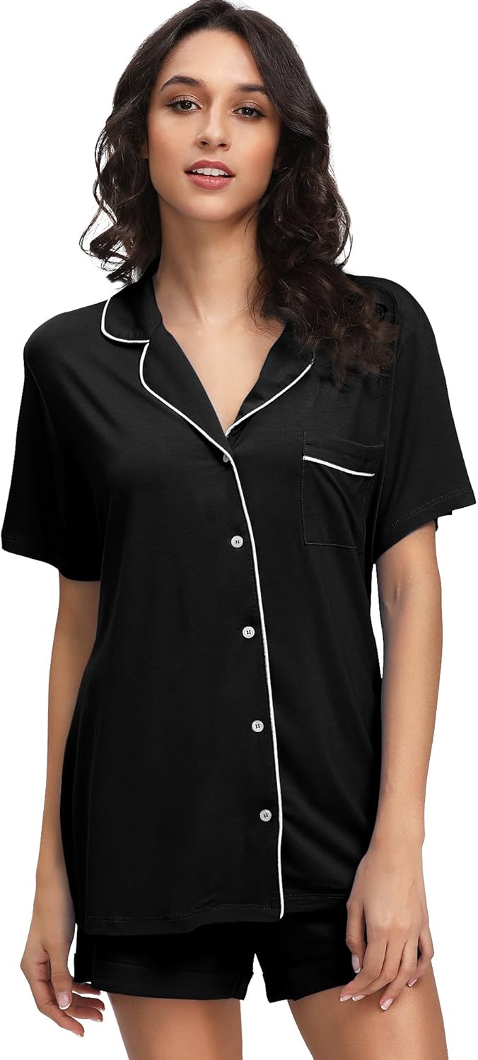 Viscose from Bamboo Soft Pajamas Set for Women Button Down Short Pajama Sets Plus Size Pjs Shorts Sleepwear S-4X Medium A-black