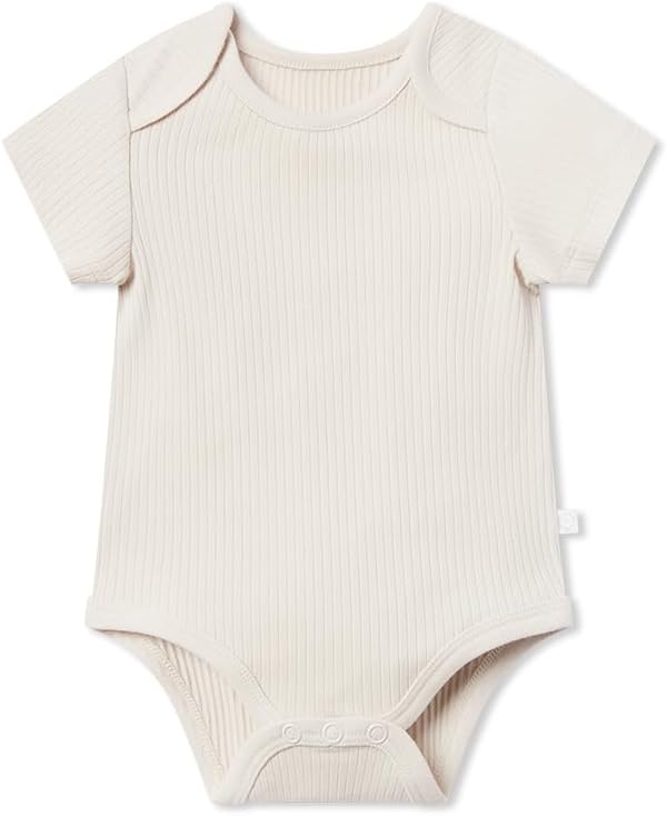 Baby Ribbed Short Sleeve Bodysuit with Envelope Neck and Nickel Free Poppers - Unisex Toddler Romper for Boys and Girls
