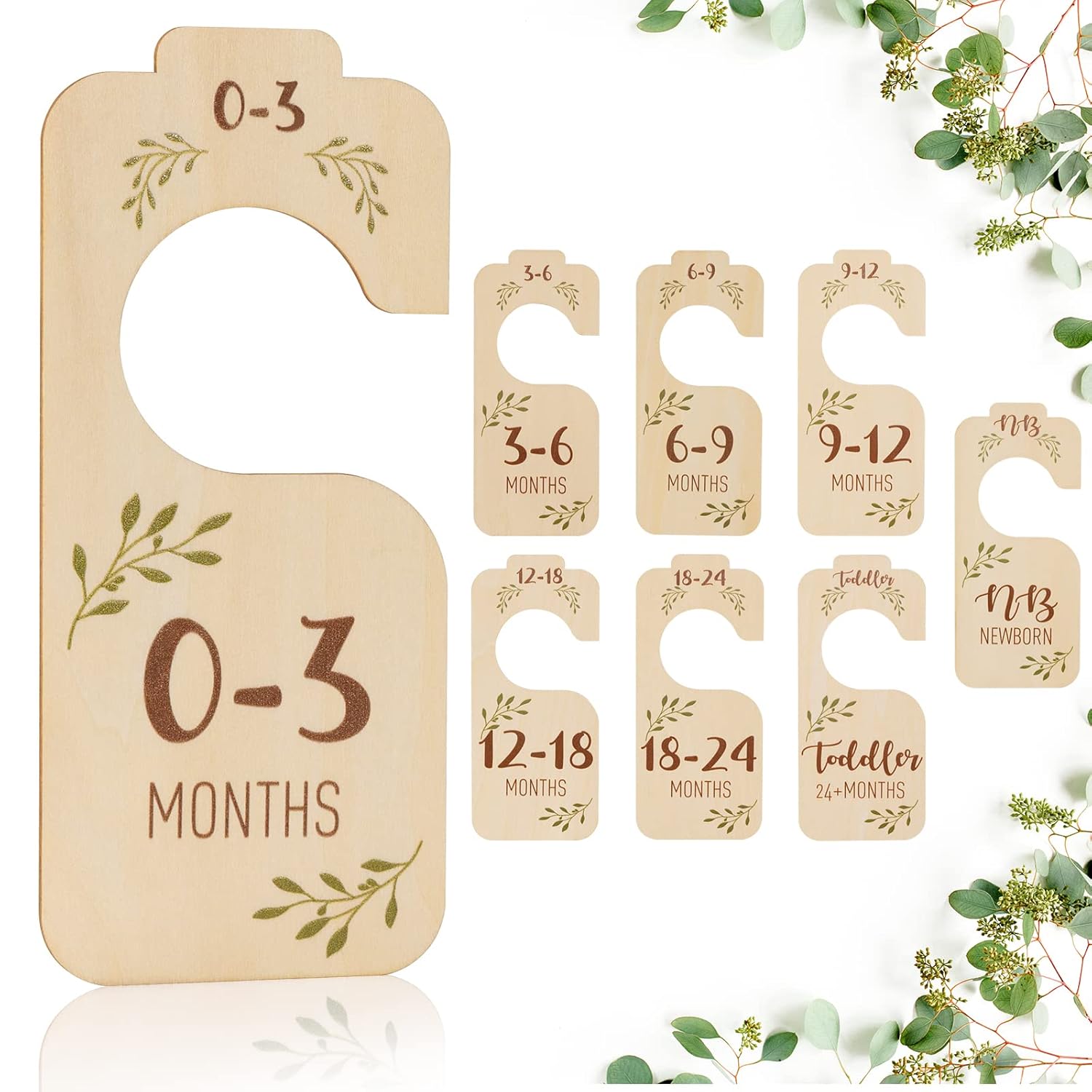 Baby Closet Dividers for Clothes Organizer - Set of 8 Beautiful Wooden Double-Sided Baby Clothes Size Hanger Organizer from Newborn to 24 Months for Boho Nursery Decor Wood Color