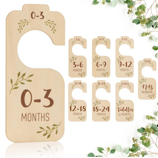 Baby Closet Dividers for Clothes Organizer - Set of 8 Beautiful Wooden Double-Sided Baby Clothes Size Hanger Organizer from Newborn to 24 Months for Boho Nursery Decor Wood Color