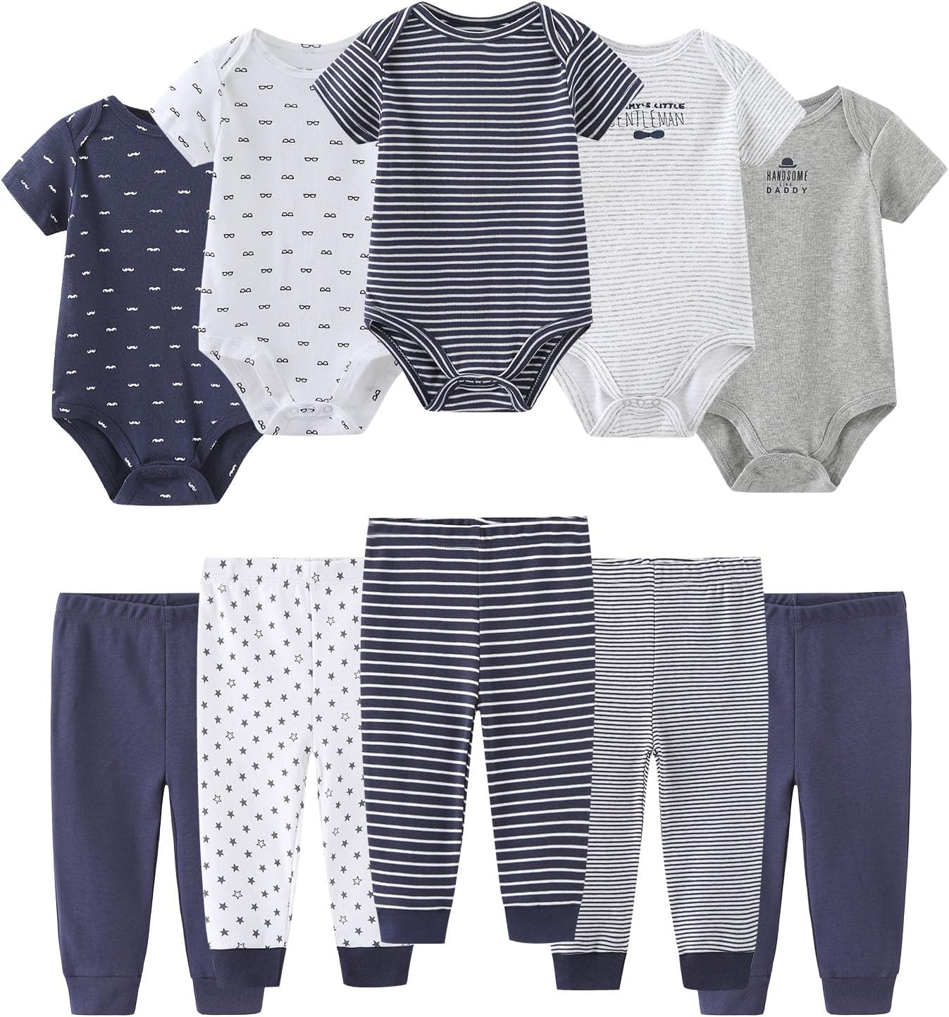 Baby Bodysuit and Pant Set 10-pcs Cotton Soft Newborn Boy Girl Clothes Outfits 6-9 Months Bowtie Navy Blue Set 10 Pieces