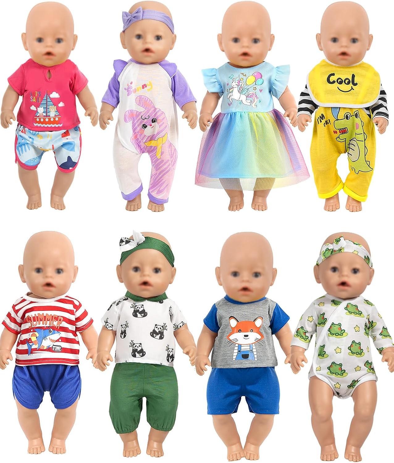 Baby Doll Clothes,8 Set 14-16 inch Baby Doll Accessories Outfit with Headbands for 43cm New Born,15 inch Bitty,18 inch Girls Boys Cute
