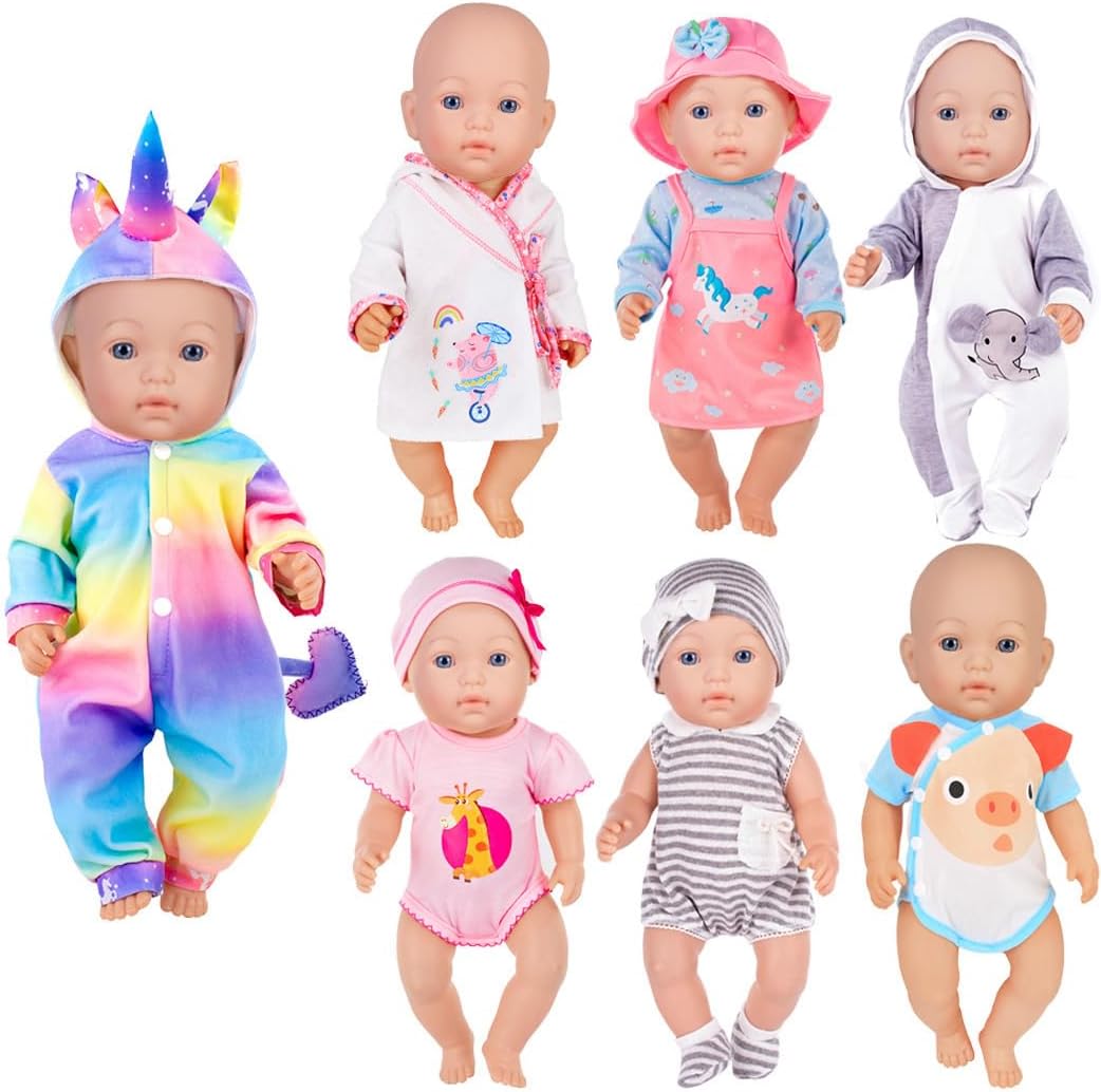 7 Sets Baby Doll Clothes Accessories Play Set Include Rompers Dress Outfits Hat for 14-16 inch Dolls and 43cm New Born Baby Dolls (Not Include Doll) 7 Sets Doll Clothes