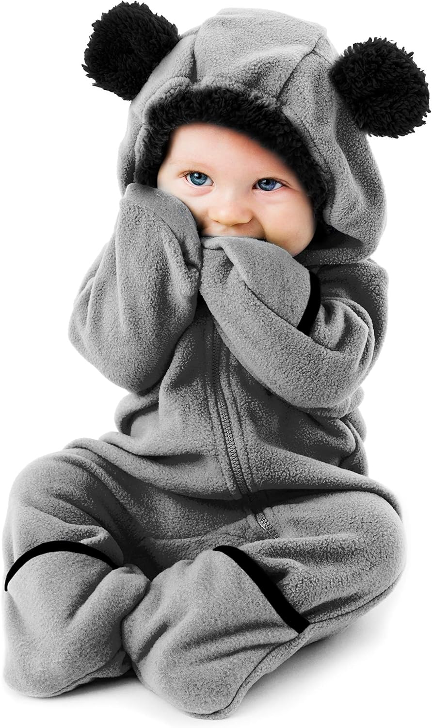 Fleece Baby Bunting Bodysuit – Infant One Piece Kids Hooded Romper Outerwear Toddler Jacket 0-3 Months Bear - Grey