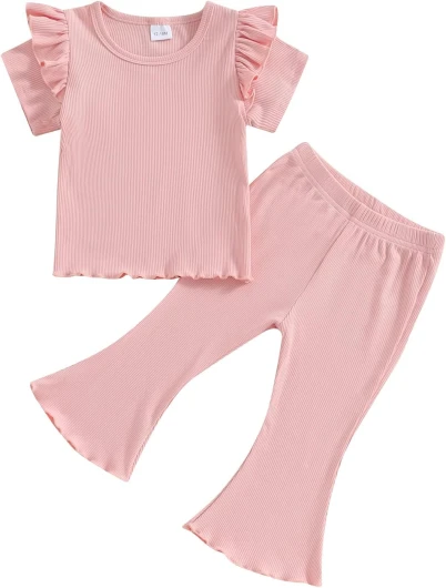 Baby Girl Clothes Summer Solid Knit Ruffle Short Sleeve T-Shirt Tee & Flare Pants Set Toddler Bell-bottoms Outfit 12-18 Months Pink