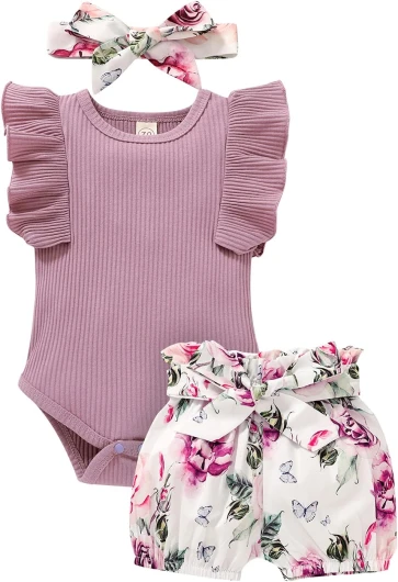 Baby Girl Clothes Infant Summer Outfits Set Ruffle Sleeve Romper and Floral Shorts with Headband Sleeveless Purple 12-18 Months