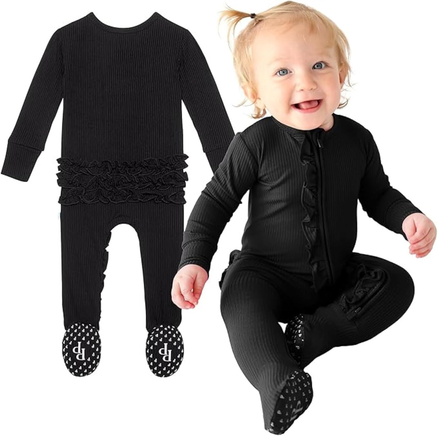 Footie Pajamas for Baby Girls – Sleepers in Viscose from Bamboo with 2-Way Zipper & Ruffle Trim