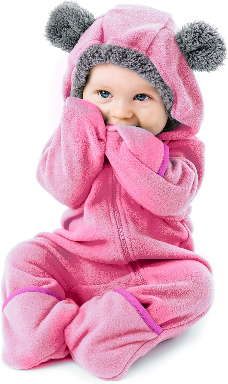 Fleece Baby Bunting Bodysuit – Infant One Piece Kids Hooded Romper Outerwear Toddler Jacket 12-18 Months Bear - Pink