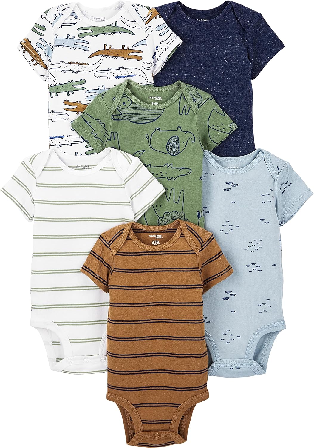 Simple Joys by Carter's baby-boys 6-pack Short-sleeve Bodysuit 0-3 Months Multicolor/Alligator/Forest Animals/Stripe