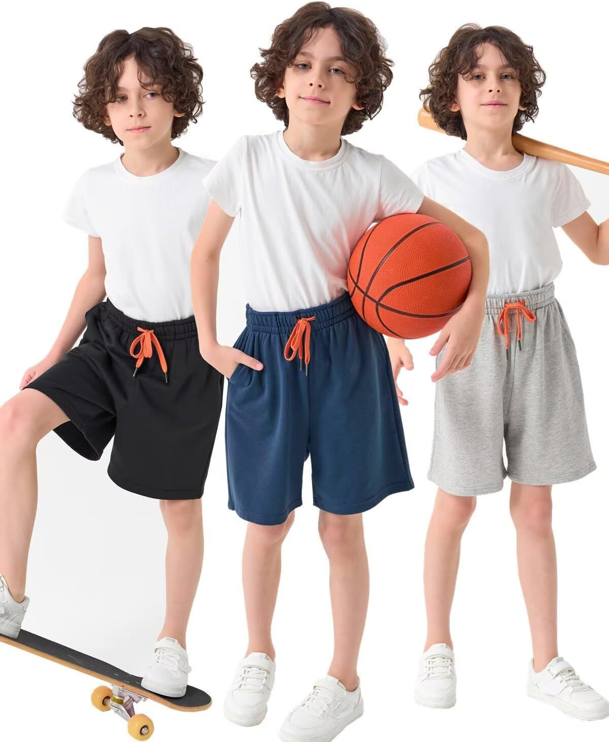 Boys Sweatpants Joggers with Pocket and Drawstring Athletic Workout Trousers 3-Pack Pants Shorts Kids Size 4-14 Years