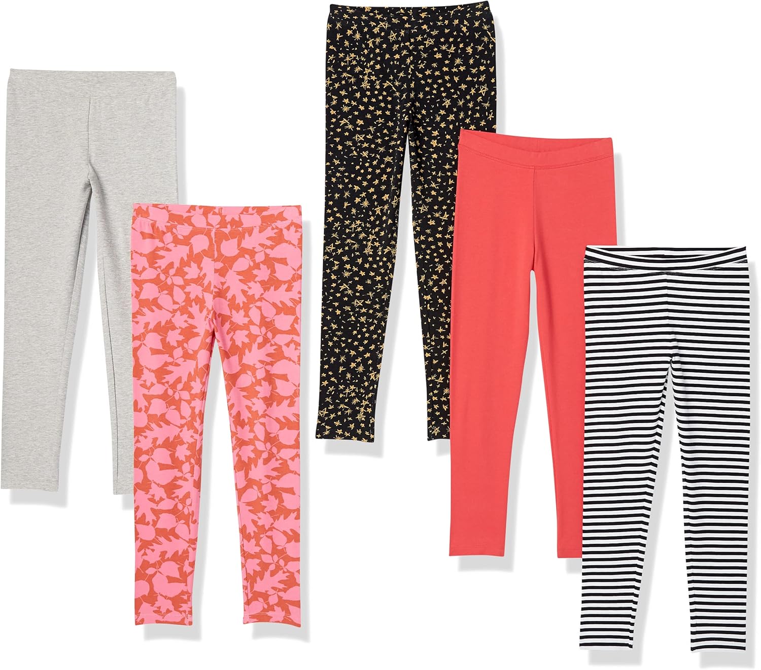Girls and Toddlers' Leggings, Multipacks 5 Black Stars/Grey/Orange/Peach Leaf Print/White Stripe 3T