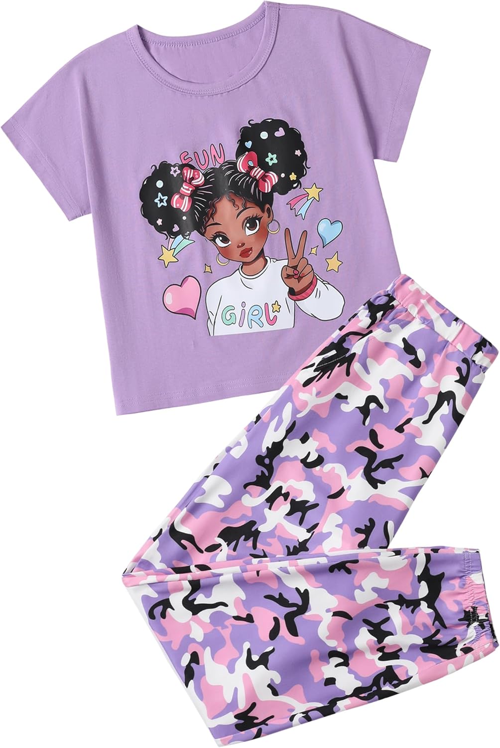 Mksodop Girls Clothes 2Piece,Teen Girls clothes Fashion Printed T-Shirt and Camouflage Pants Girls Outfits Set