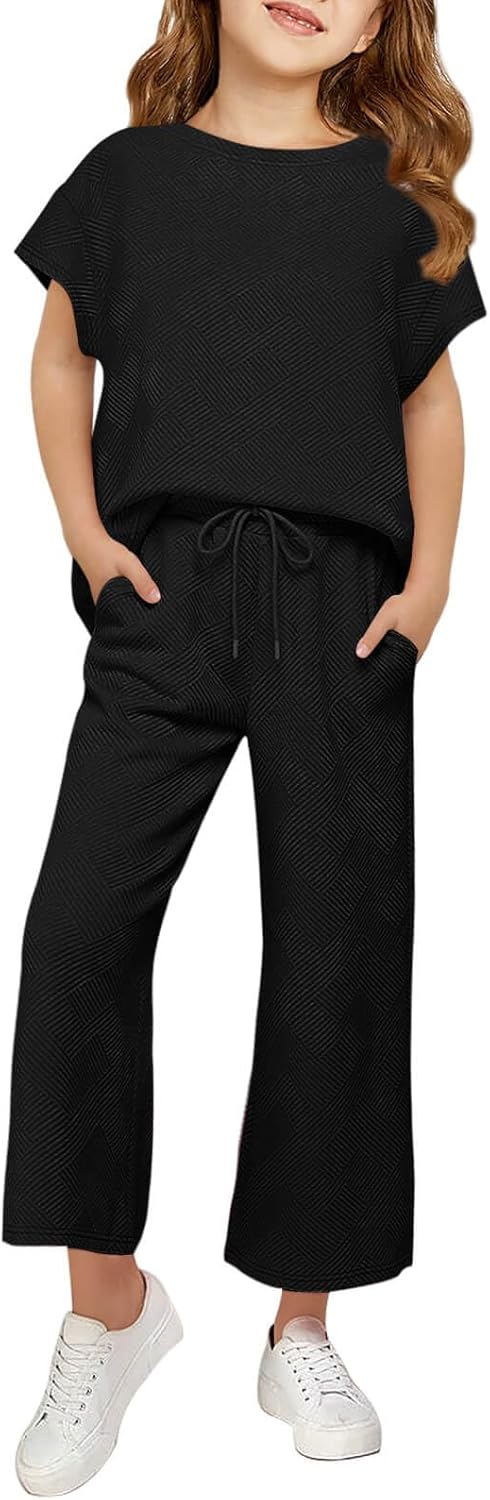 Girls' Clothing Sets Kids Fashion Short Sleeve Crew Neck Tops Wide Leg Pants Sweatsuit with Pocket 5-14Y