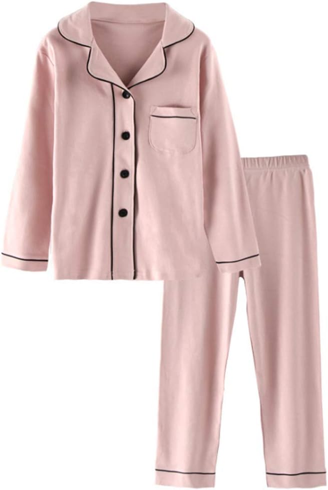 Kids Cotton Pajamas Set PJS Long Sleeve Button Down Sleepwear Loungewear 9-10 Years Gray Pink
