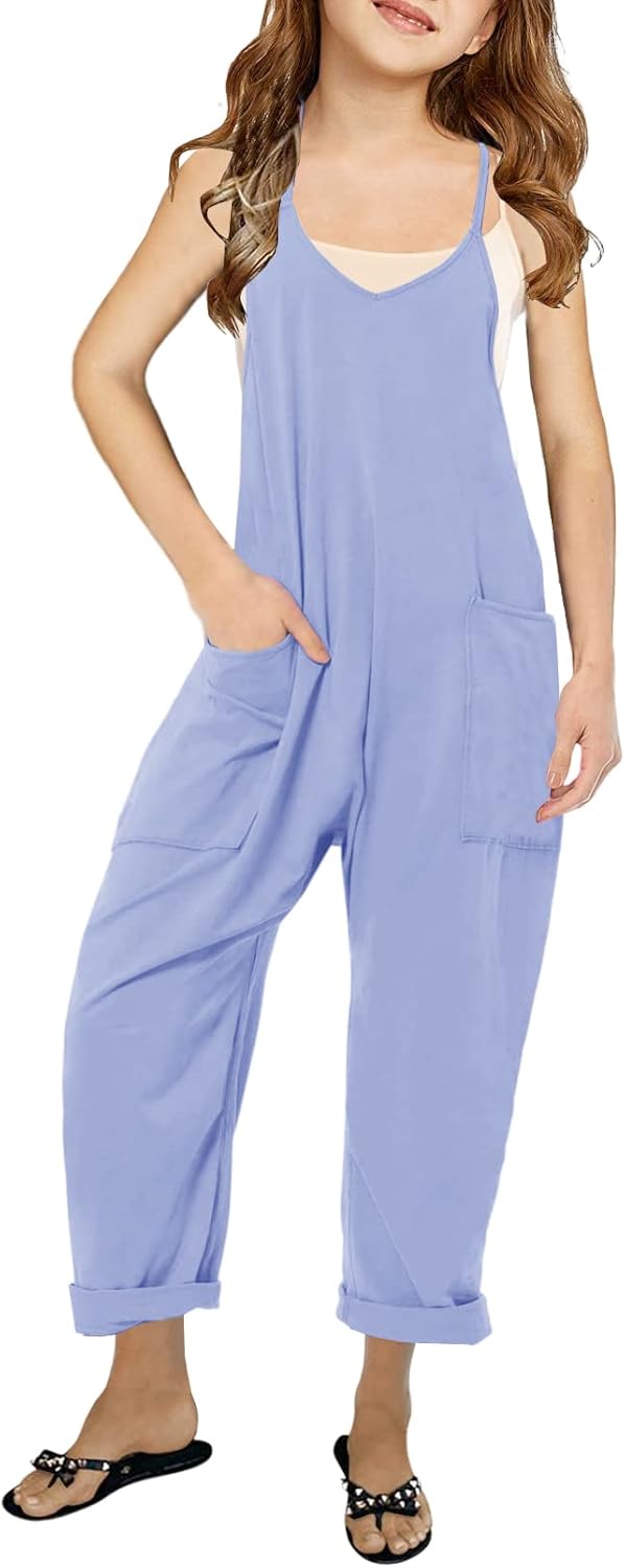 Girls' Casual Sleeveless Jumpsuits Spaghetti Strap Loose Romper Long Pants with Pockets
