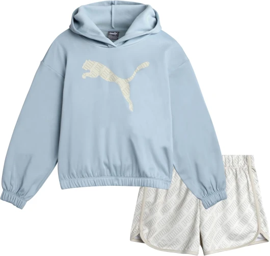 PUMA Girls Active Shorts Set - 2 Piece Performance Pullover Hoodie and Athletic Shorts - Cute Athletic Outfit for Girls (S-L) Small Baby Blue