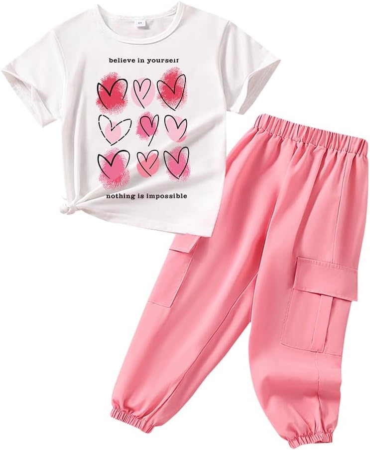 Toddler Girls' Outfits, 2 Piece Casual Cargo Pants and Love Graphic Print Short Sleeve Top Set-Girl Summer Clothes