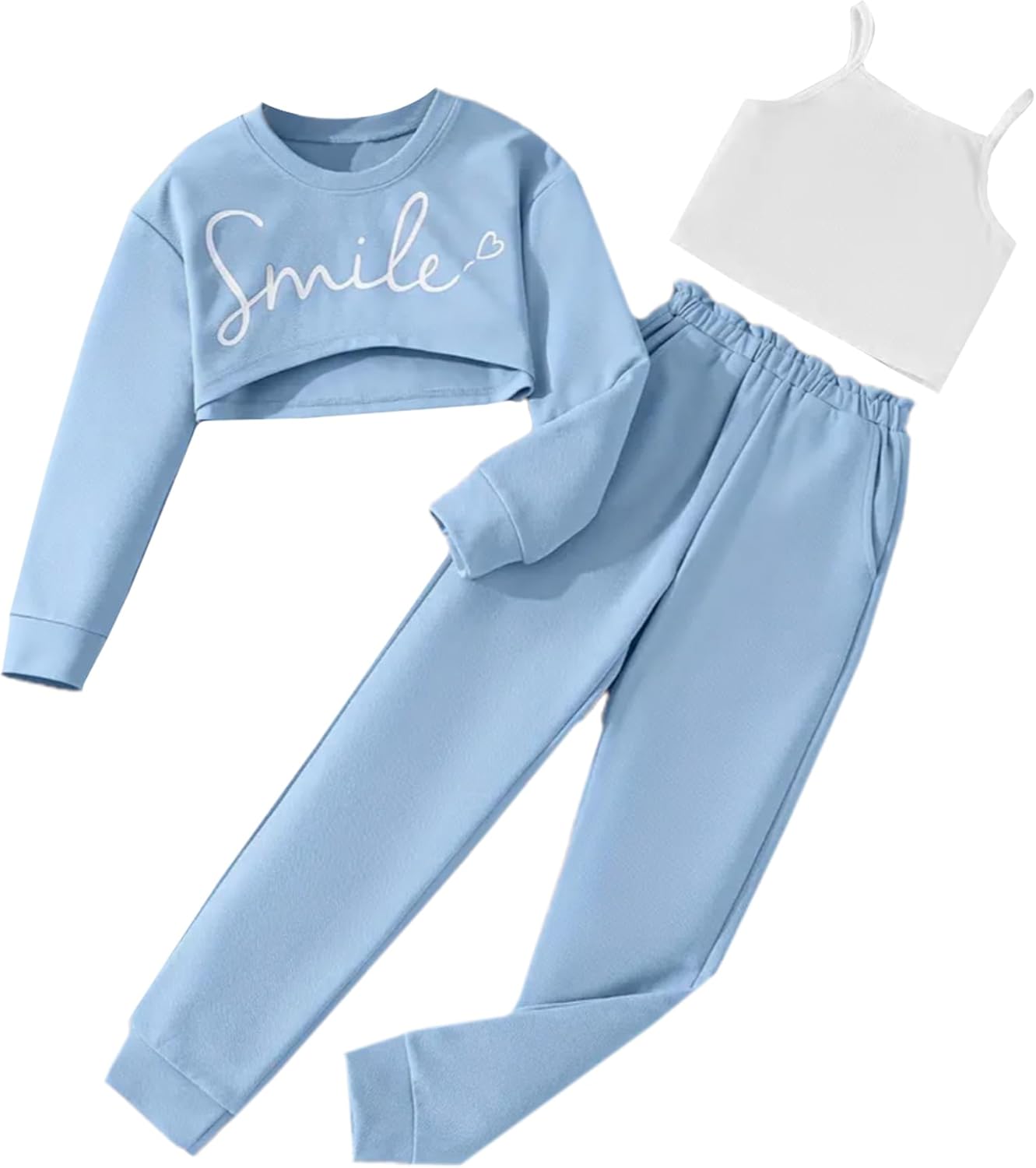 Girls Long Sleeve 3 Piece Outfits Graphic Crop Tee and Cami Top with Pants Set