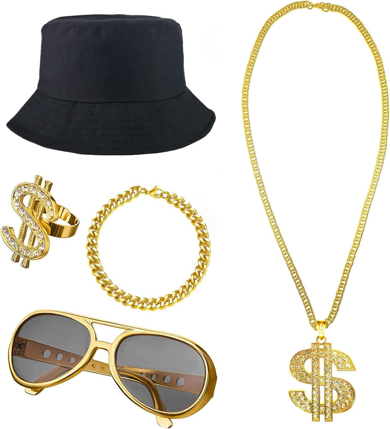 Fraiieon 90s Hip Hop 80s Costumes for Men/Boys/Kids Rapper Themed Party Outfits Accessories Gold