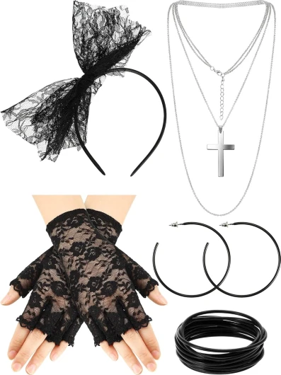 80s Fancy Dress Costume Accessories Lace Headband Earrings Fishnet Gloves Necklace Bracelet for 80s Retro Party Black