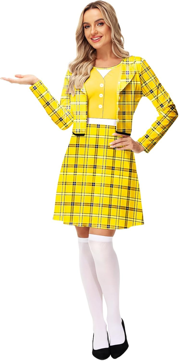 Halloween 90s Schoolgirls Costume Dresses Plaid Dress ONE Piece Dress XX-Large Color Yellow Adult