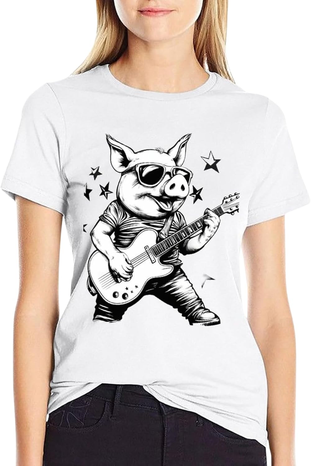 Streetwear Oversized Vintage Print T Shirt for Women Short Sleeve Cotton Crewneck Loose Fit Top 2025 Summer Causal Fashion W-vintage Pig Small