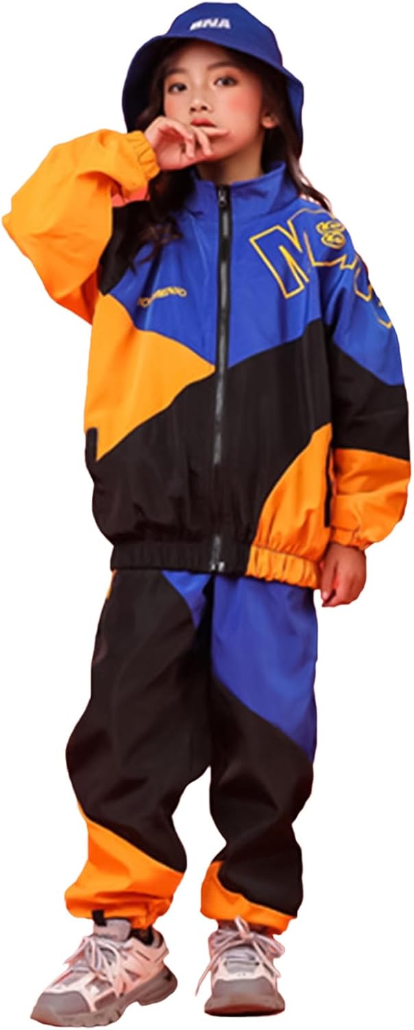 Boys' Girls' Color Block Jacket Track Pants Sets Hip Hop Dance Patchwork Clothes Unisex Streetwear 10-12 Blue