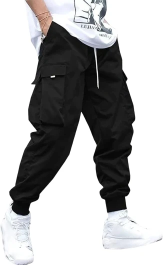 Men's Streetwear Cargo Pants with Flap Pockets & Drawstring Elastic Waist - Casual & Techwear Joggers Medium A-black