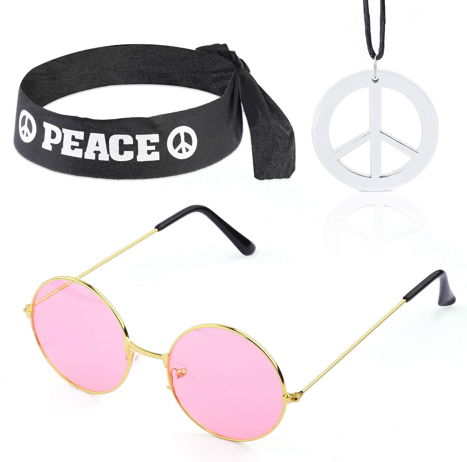 Hippie Costume Set - 60's Circle Glasses Peace Sign Necklace Hippie Headband 70s Party Accessories for Men Women