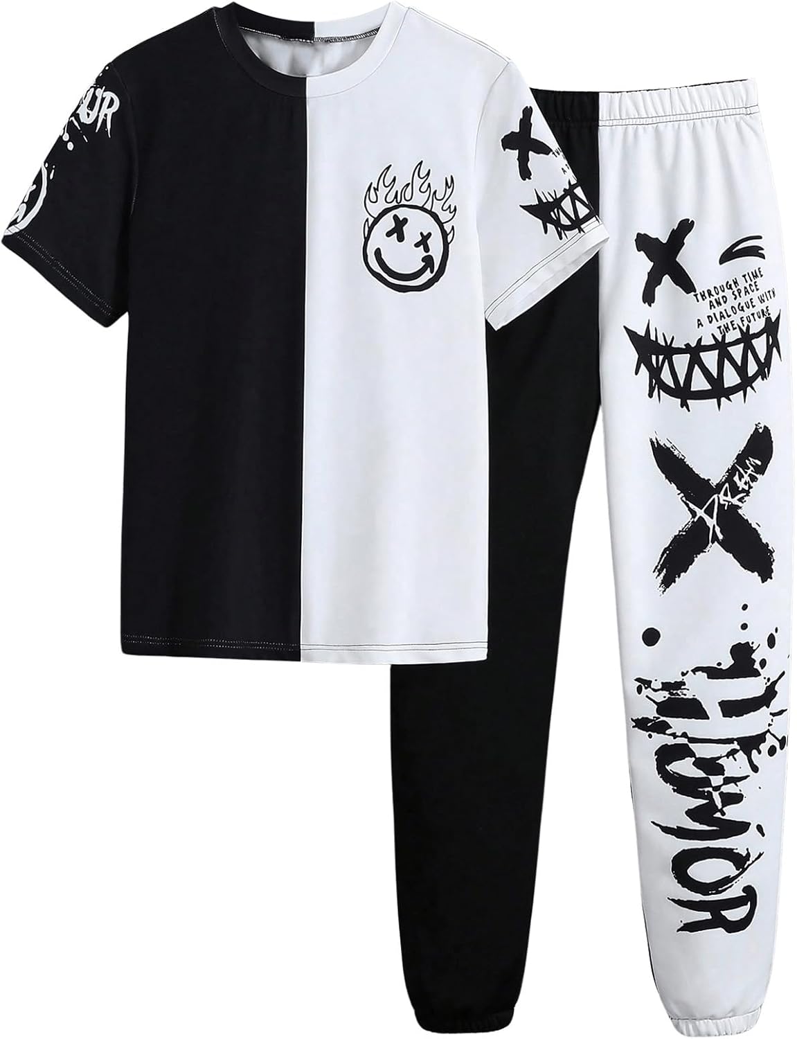 Boy's Two Piece Graphic Print Short Sleeve T Shirts and Elastic Waist Pants Clothing Set 9Y Black and White