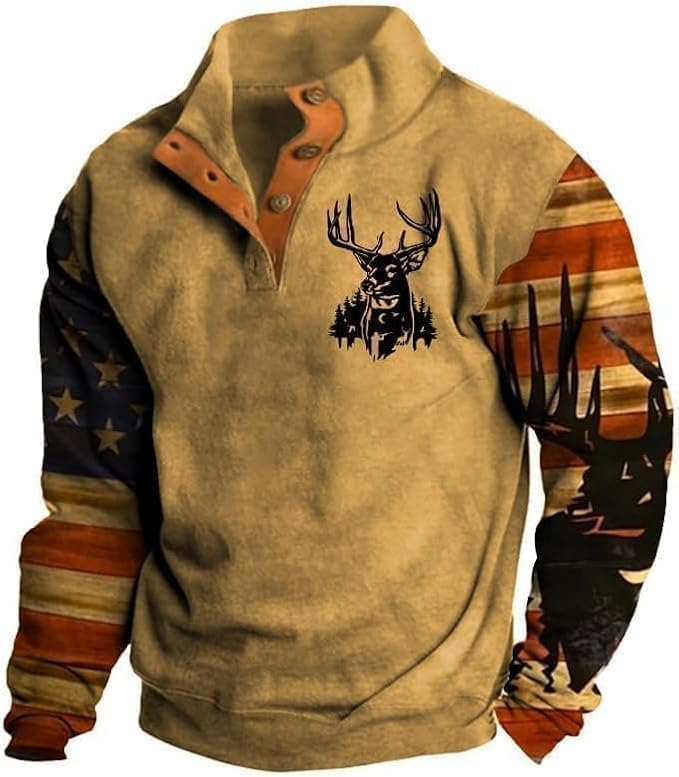 Aztec Pullover for Men Casual Long Sleeve 1/4 Button Up Henley Shirts Retro Distressed Sweatshirts S-5XL Yellow Dear Flag Large