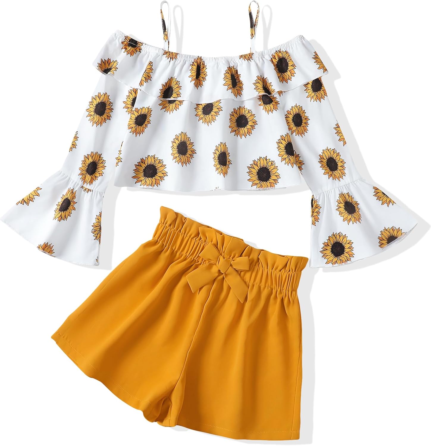 Girls Summer Clothes 2 Piece Cute Outfits Kids Boho Floral Print Long Sleeve Crop Top Shorts Clothing Set 7-8Y A-white