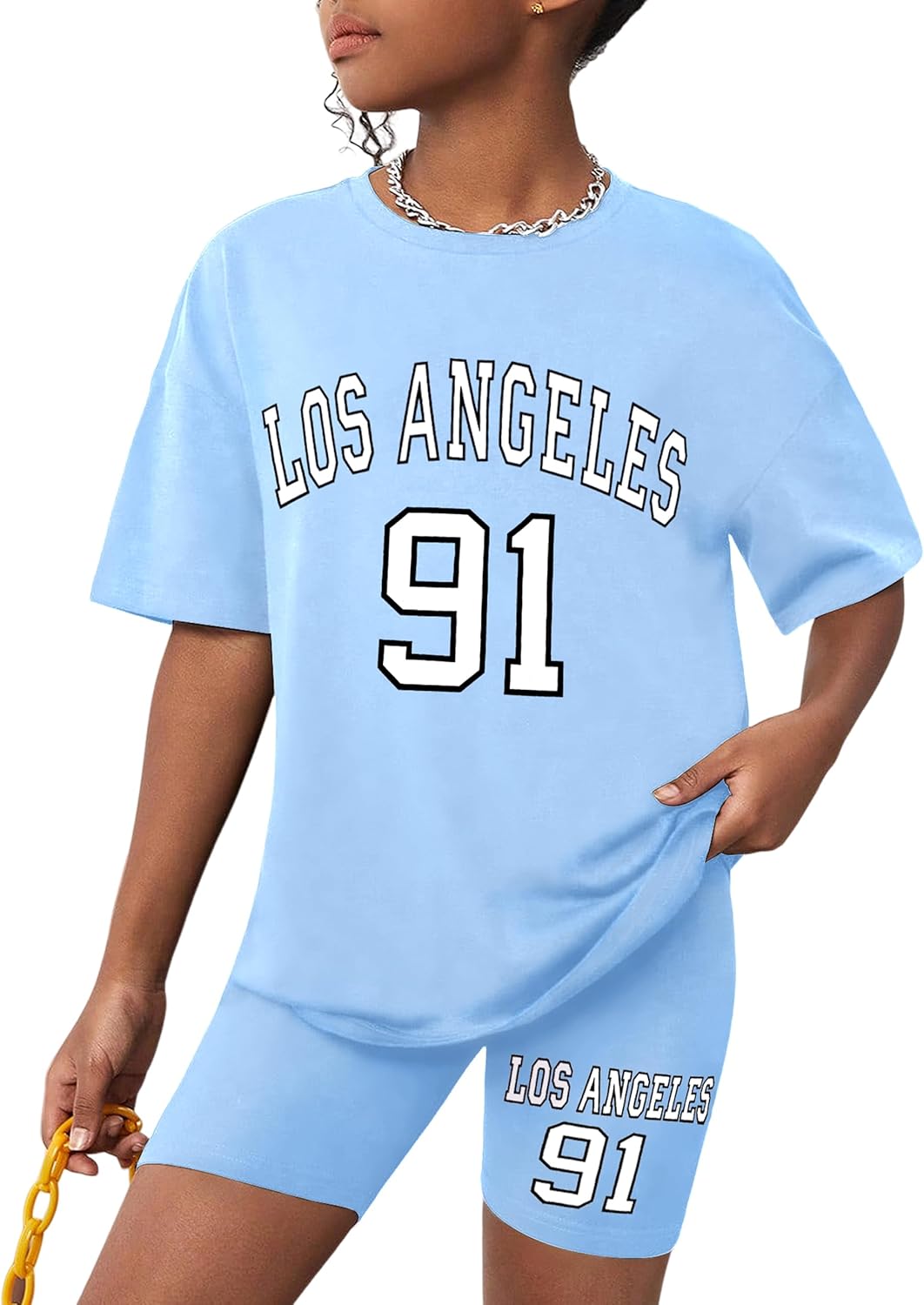 Girls Clothes Summer Outfits Graphic Letter Print Tee Shirt + Biker Shorts 2Pcs Clothing Set 7-16T 11-12 Years Blue