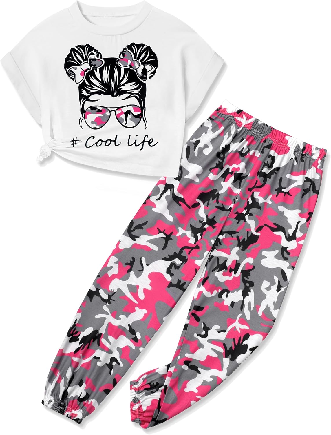 Girls 2 Piece Outfits Kids Clothes Cute Cool Girl Crop Tops + Camouflage Pants Summer Clothing Sets 11-12 Years Pink Camo
