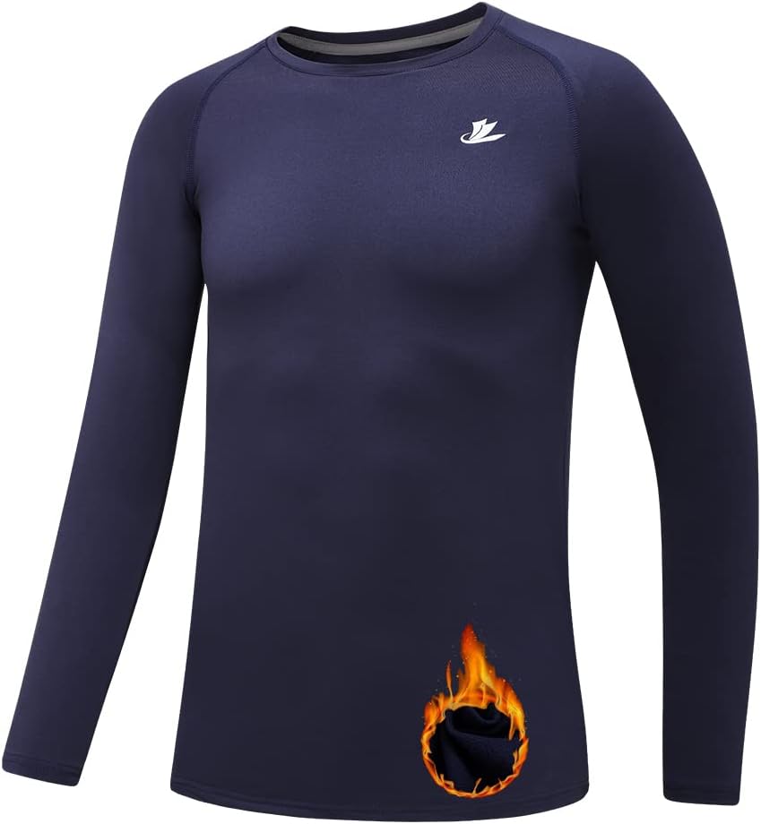 Youth Boys Compression Thermal Shirt Long Sleeve Fleece Baselayer Soccer Baseball Undershirt Crew Neck-navy Small