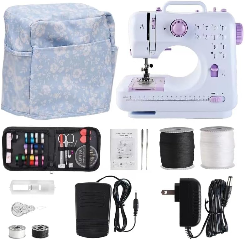 Mini Sewing Machine for Beginners and Kids Ages 8-12, Portable Sewing Machines with 12 Built-in Stitch Patterns, Light, 2 Speed Foot Pedal - Purple & White (with 27 Pieces Sewing Kit & Case)