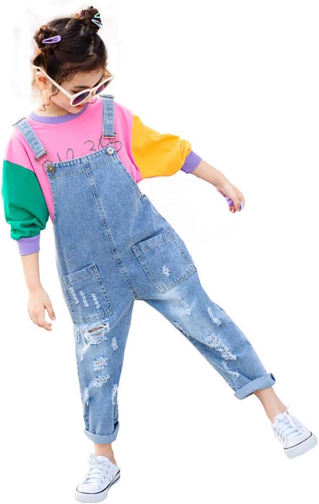 3-14Years Girls Jumpsuit&Rompers Big Kid Bib Overalls Blue Adjustable Belts Denim Color changeable Sequin Pants 5-6 Years Basic