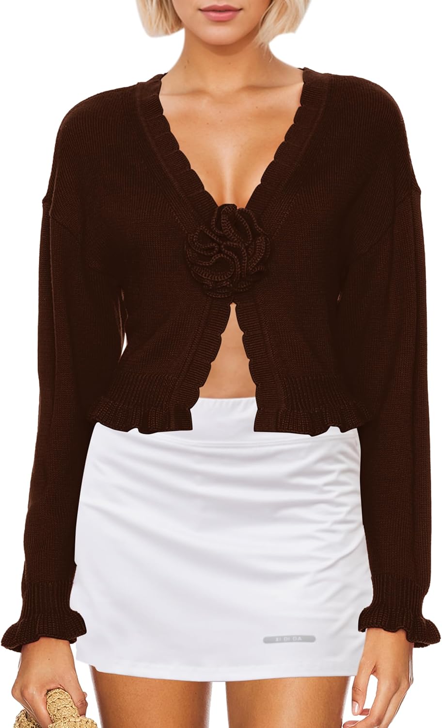 Women’s Vintage Flower Slit Sweater Top Sexy Deep V Neck Knit Crop Tops Long Sleeve Y2K Fall Winter Going Out Top Small Coffee