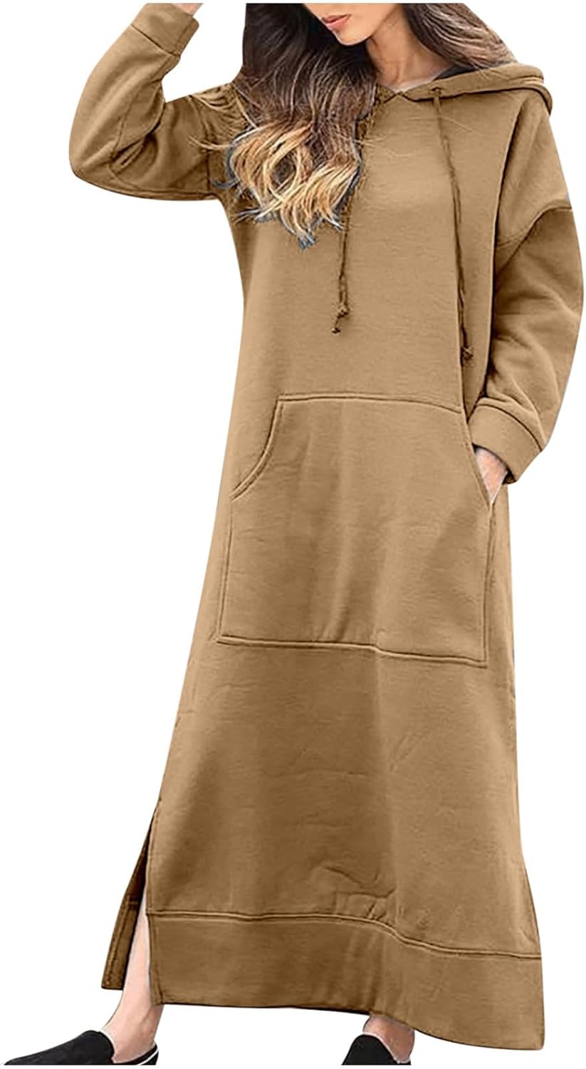 Womens Long Sleeve Hoodies Casual Maxi Length Hooded Dress with Drawstring and Pocket S-5XL