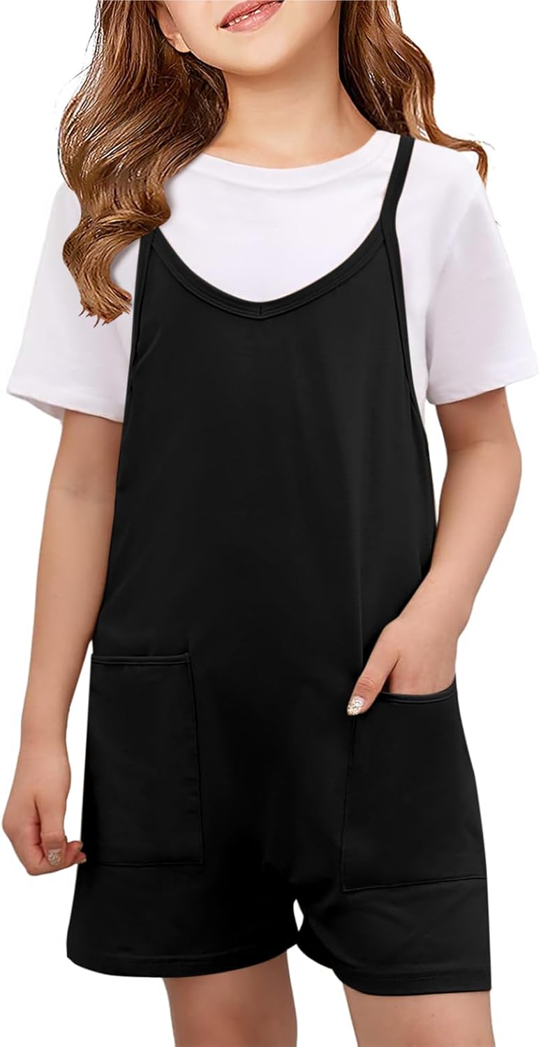 Girls Summer Sleeveless Casual Romper Spaghetti Strap Shorts Jumpsuit with Pockets 9-10 Years Black