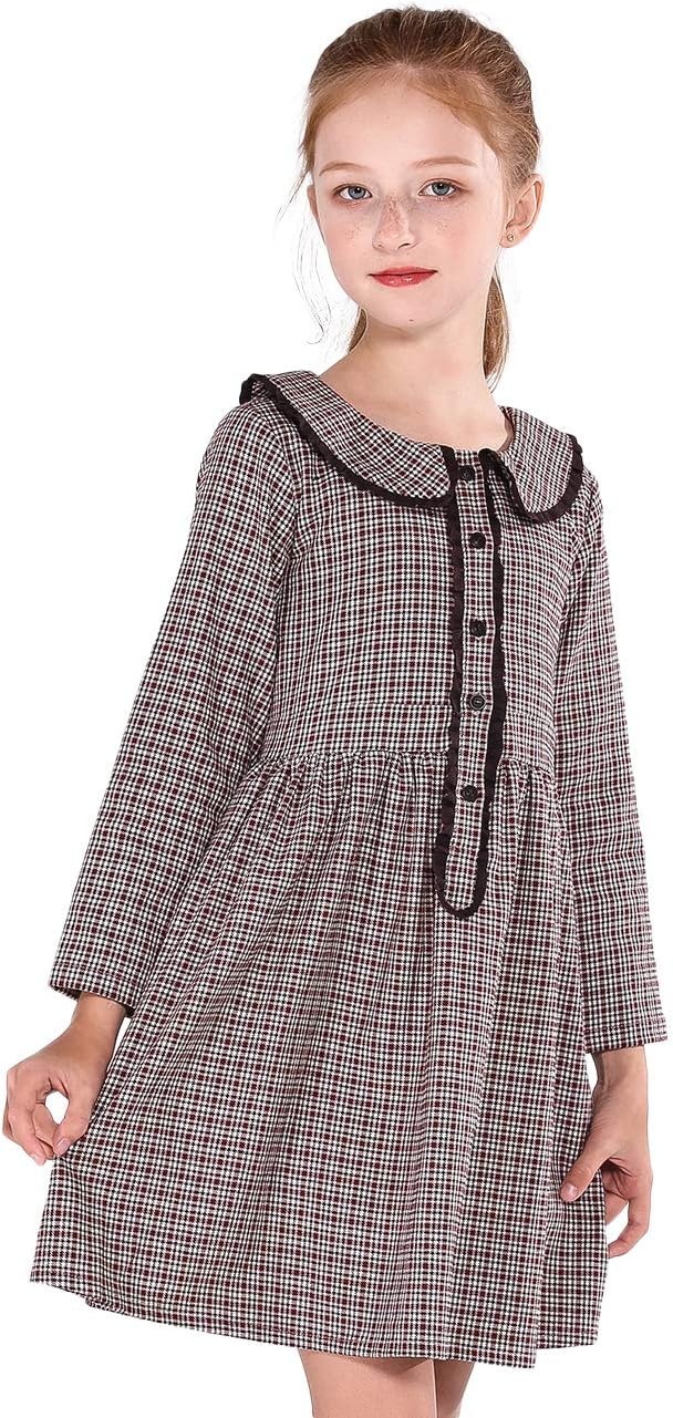 Girls Plaid Dress Cotton Casual Spring Long Sleeve Dresses Peter Pan Collar 3-14Y