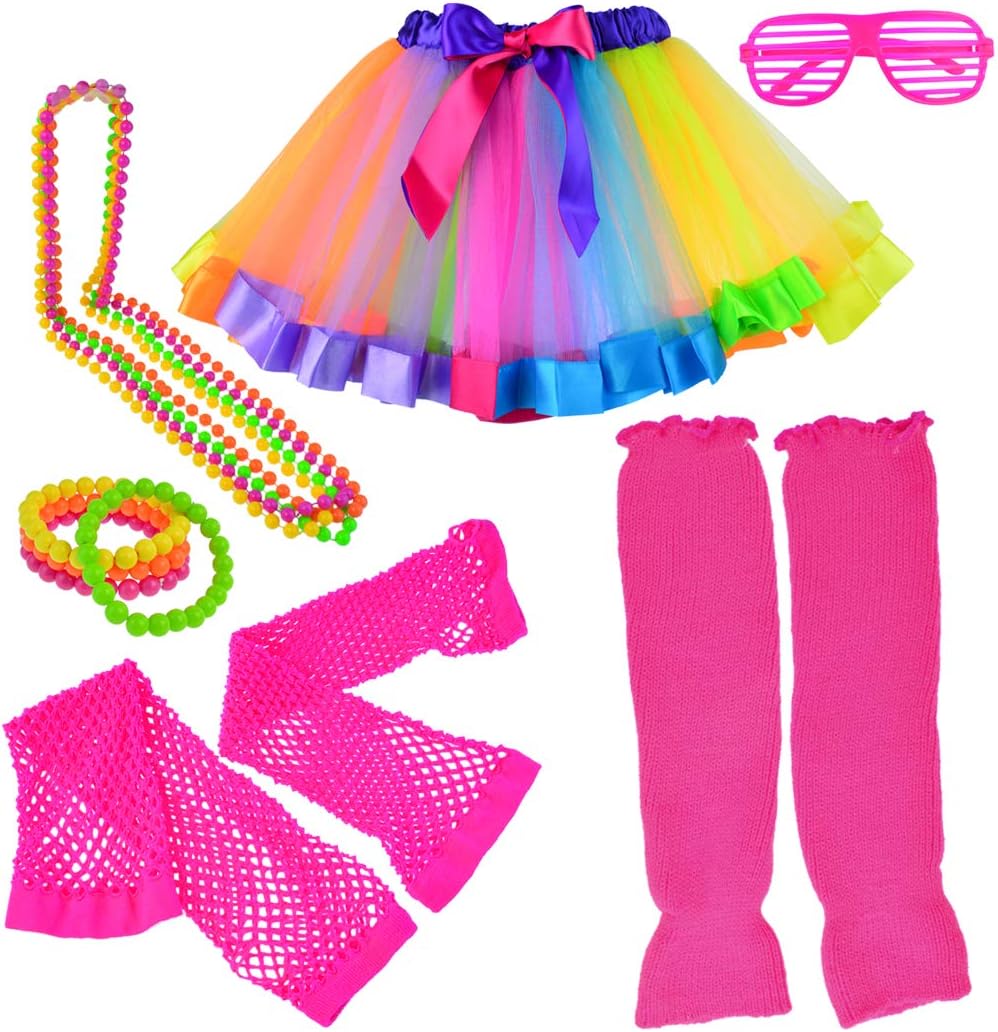 6 in 1 80s Costume Accessories for Kids 1980s Fancy Outfits and Tutu Set for 80s Retro Theme Cosplay Party for Girl(Rainbow)