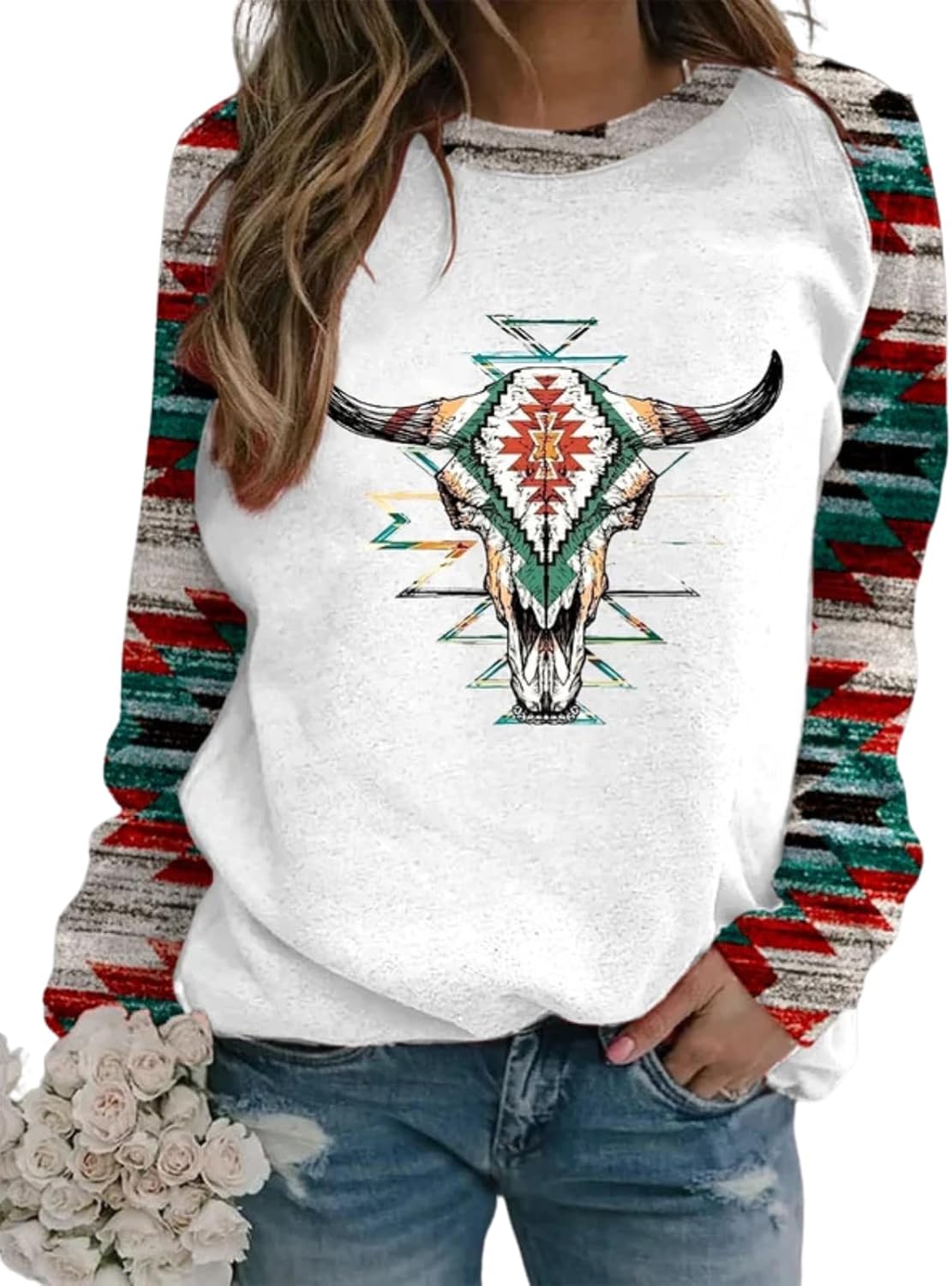 Western Sweatshirts for Women Casual Long Sleeve Vintage Aztec Geometric Graphic Shirts Loose Crew Neck Pullover Tops Cow Skul White Small
