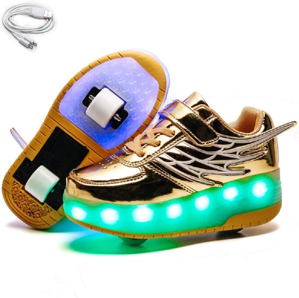 Unisex Roller Shoes Kids Sparkling Wheels Shoes Girls Light up Roller Skates Sneakers Boys Rechargeable Flashing Sneakers for Gift 4 Big Kid A-gold