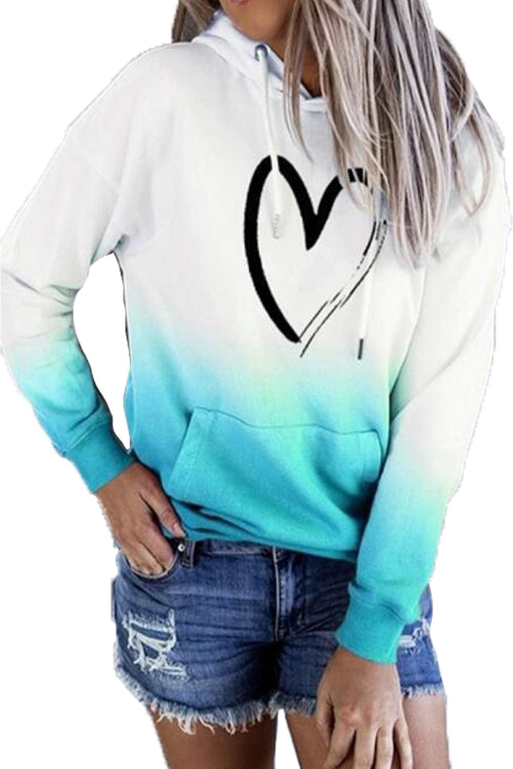 Womens Hoodies Fall Long Sleeve Drawstring Pullover Tops With Pockets Girls' Fashion Loose Casual Sweatshirt For Women X-Large 03-blue Heart