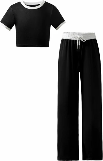 Girl's 2 Piece Outfit Short Sleeve Crop Tops Drawstring Wide Leg Pants Sets